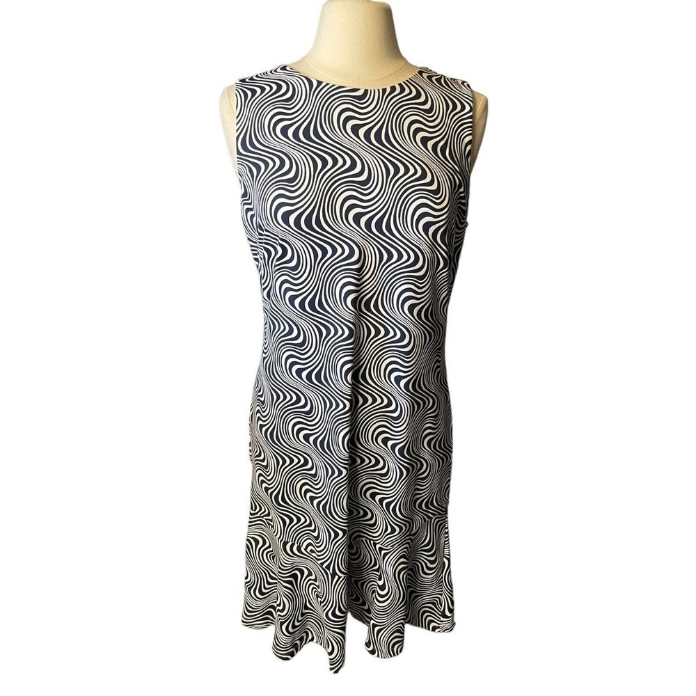 J McLAUGHLIN Navy White CARMEN Oahu Waves Print Catalina Cloth Dress Large